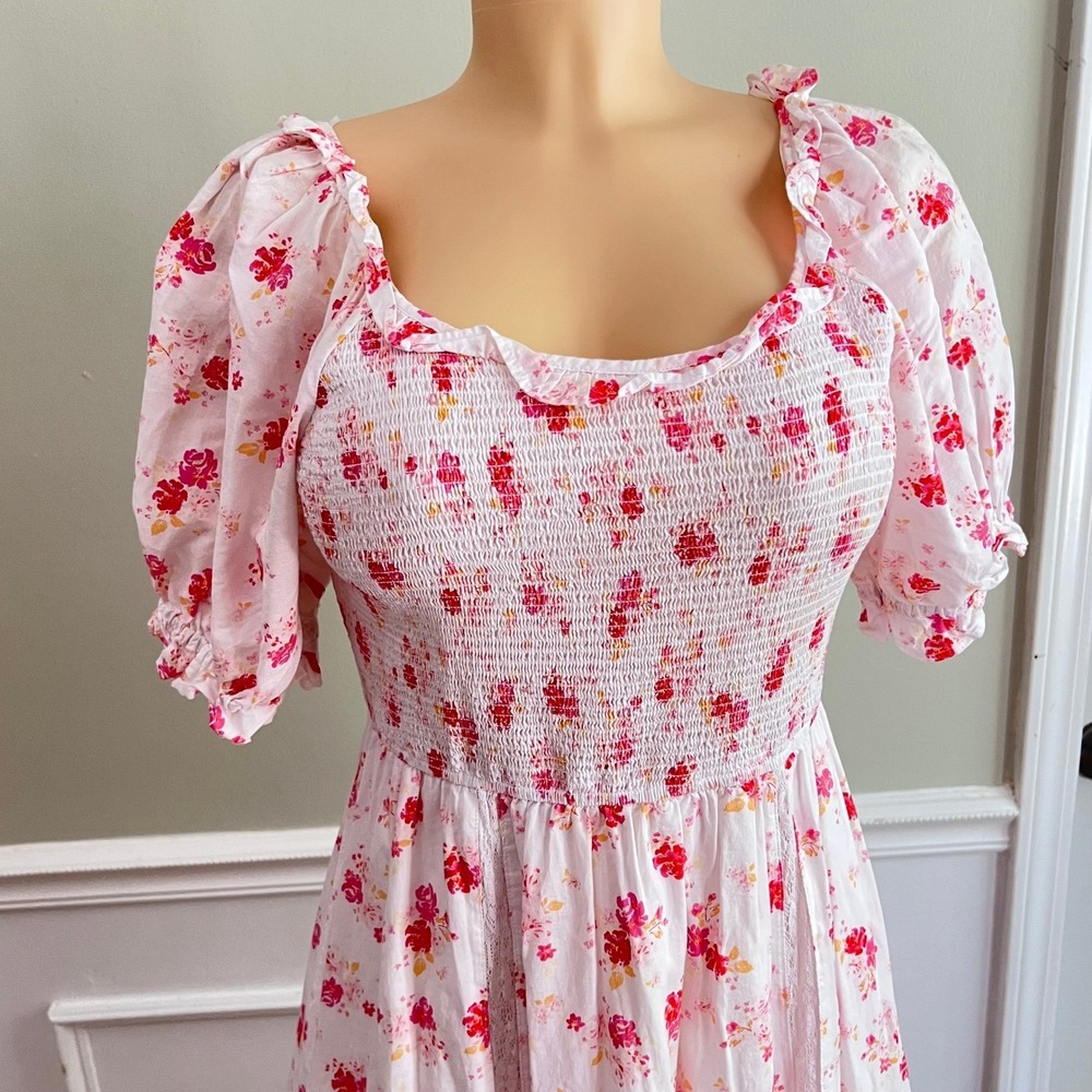 LoveShackFancy Dress Small Smocked Midi Puff Sleeve Pink Cottage Shabby Chic - Picture 9 of 14